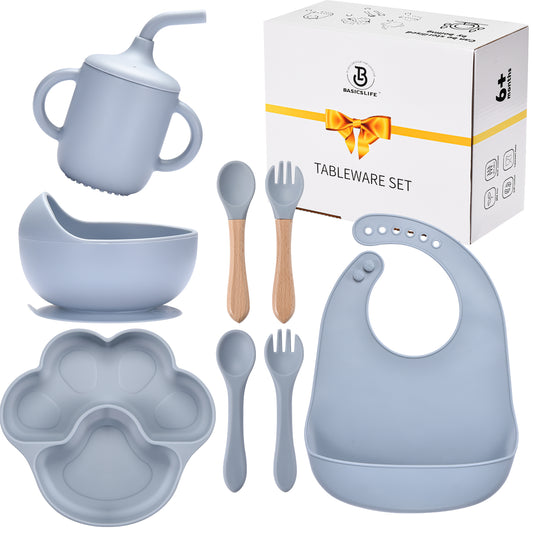 BASICSLIFE Baby Weaning Set, 8 PCS Silicone Baby Feeding Set, Include Suction Bowl, Spoon, Fork, Cup, Divided Plate & Adjustable bib, Baby Feeding Set sutable for Baby Gifts & Presents