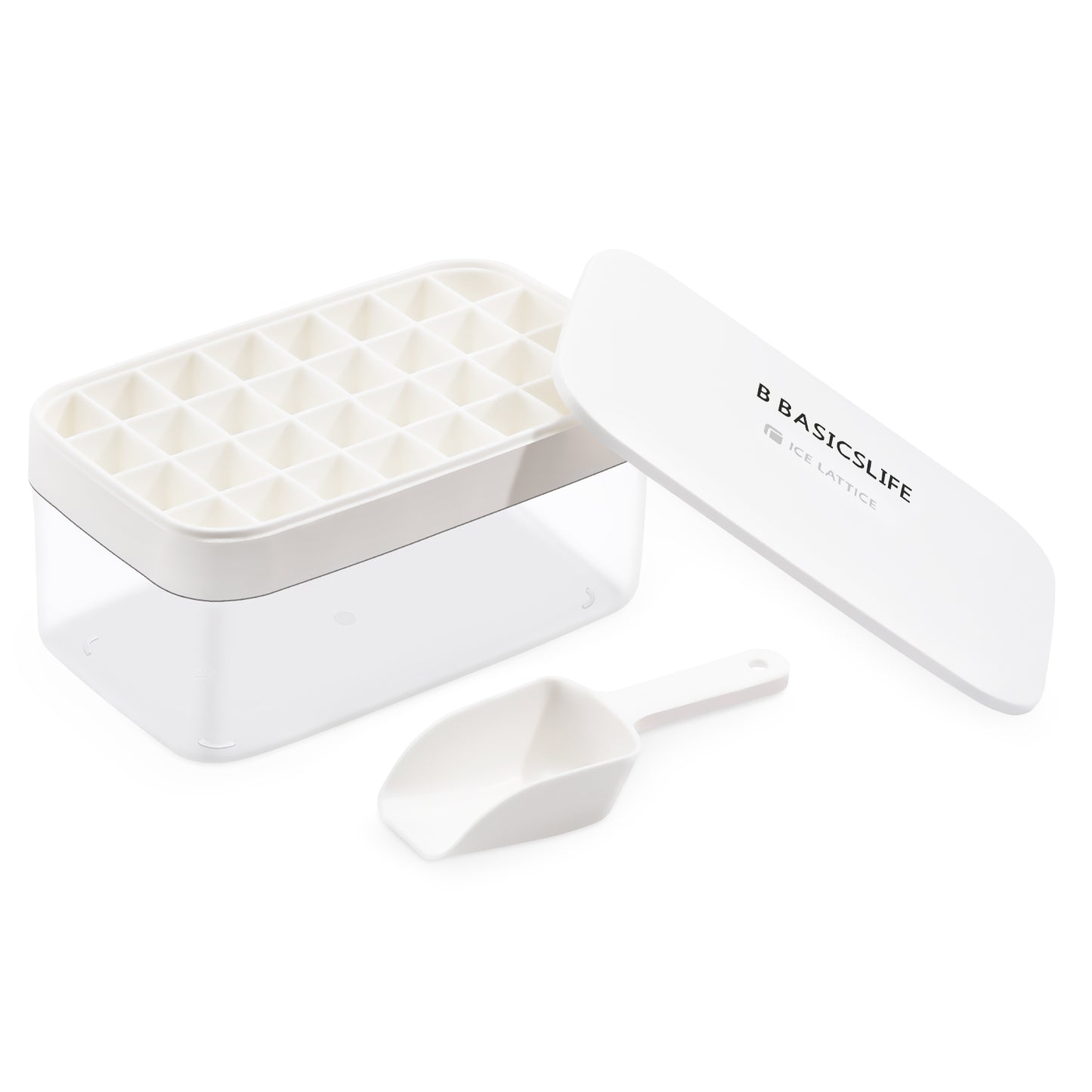 Silicone Ice Cube Tray with Lid and Bin - Large Ice Tray for Freezer Comes with Ice Container, Scoop and Cover BPA Free Space Saving Ice Cube Molds Perfect for Cocktails, Waterbottles or Whisky