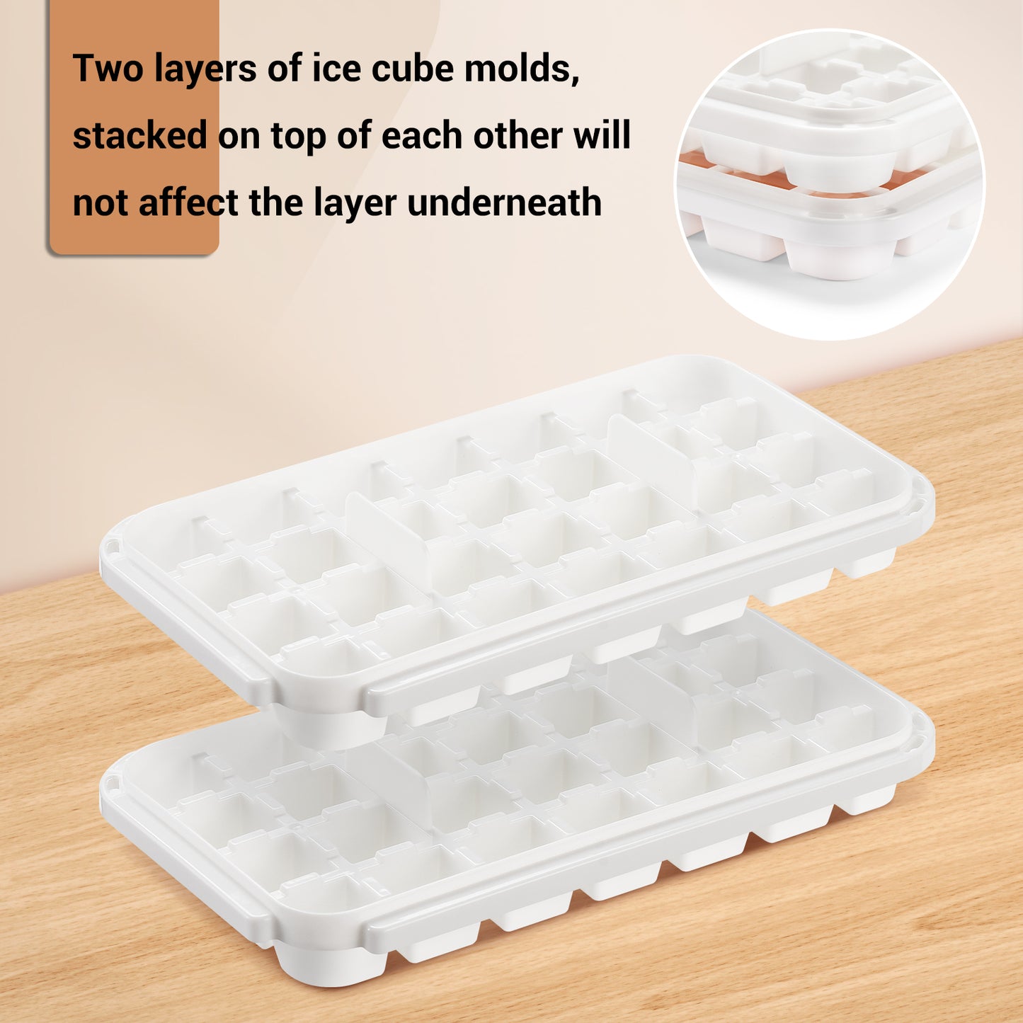 BASICSLIFE Ice Cube Tray with Lid and Bin - Large Ice Tray for Freezer Comes with Ice Container, Scoop and Cover BPA Free Space Saving Ice Cube Molds Perfect for Cocktails, Waterbottles or Whisky