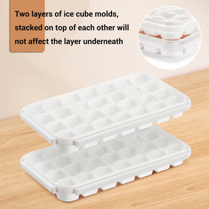 BASICSLIFE Ice Cube Tray with Lid and Bin - Large Ice Tray for Freezer Comes with Ice Container, Scoop and Cover BPA Free Space Saving Ice Cube Molds Perfect for Cocktails, Waterbottles or Whisky