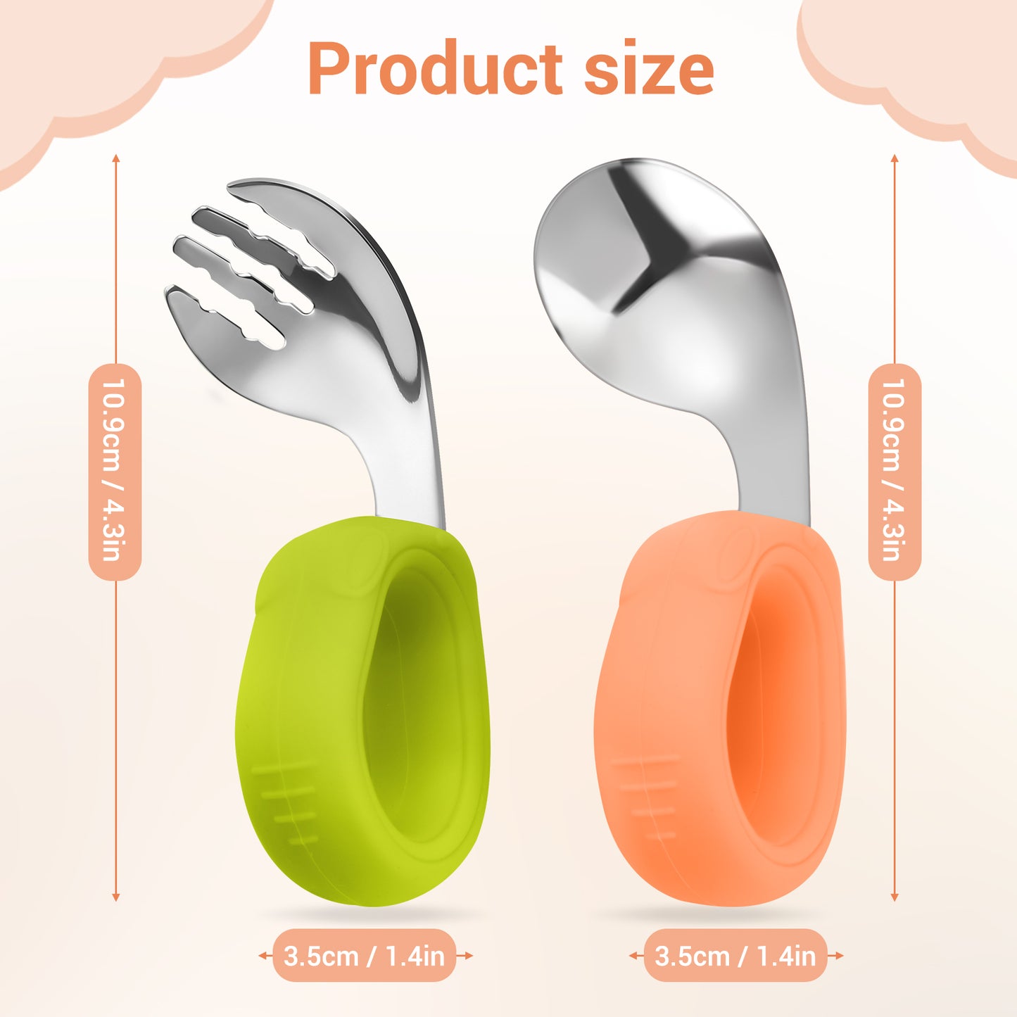 BASICSLIFE Baby Cutlery Set, 2 Pack Toddler Self Feeding Set, Silicone and Stainless Steel Design, Utensils Silverware Spoon Fork, Suitable for 12 Months Plus, with Silicone Holding Design