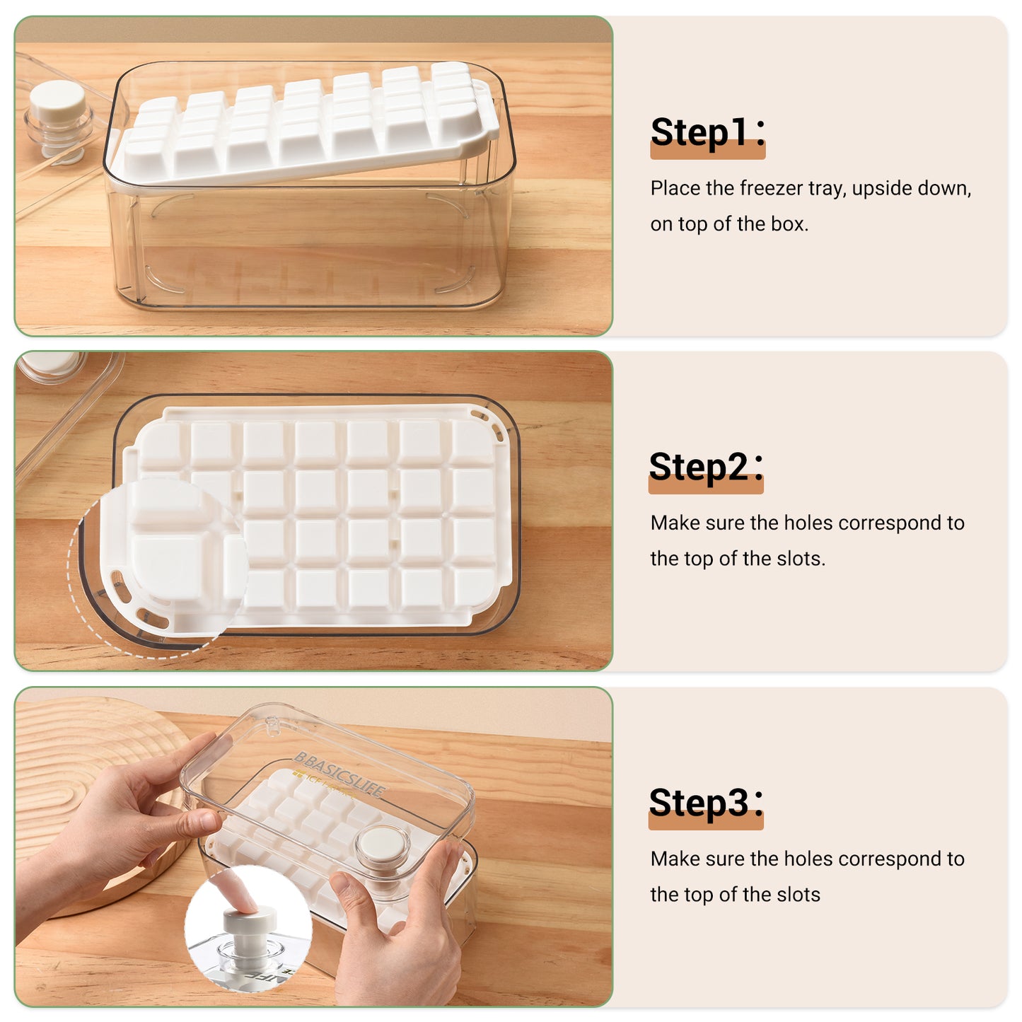 BASICSLIFE Ice Cube Tray with Lid and Bin - Large Ice Tray for Freezer Comes with Ice Container, Scoop and Cover BPA Free Space Saving Ice Cube Molds Perfect for Cocktails, Waterbottles or Whisky