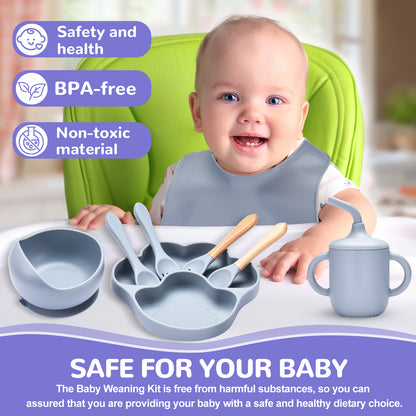 BASICSLIFE Baby Weaning Set, 8 PCS Silicone Baby Feeding Set, Include Suction Bowl, Spoon, Fork, Cup, Divided Plate & Adjustable bib, Baby Feeding Set sutable for Baby Gifts & Presents