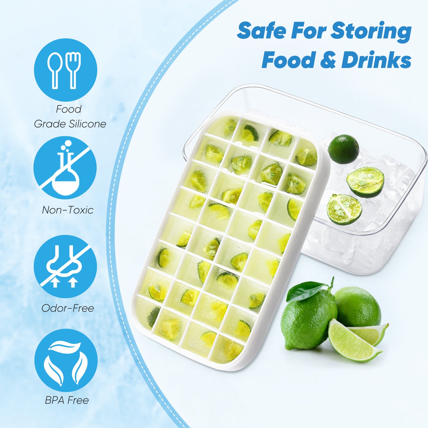 Silicone Ice Cube Tray with Lid and Bin - Large Ice Tray for Freezer Comes with Ice Container, Scoop and Cover BPA Free Space Saving Ice Cube Molds Perfect for Cocktails, Waterbottles or Whisky