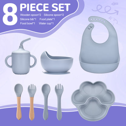 BASICSLIFE Baby Weaning Set, 8 PCS Silicone Baby Feeding Set, Include Suction Bowl, Spoon, Fork, Cup, Divided Plate & Adjustable bib, Baby Feeding Set sutable for Baby Gifts & Presents