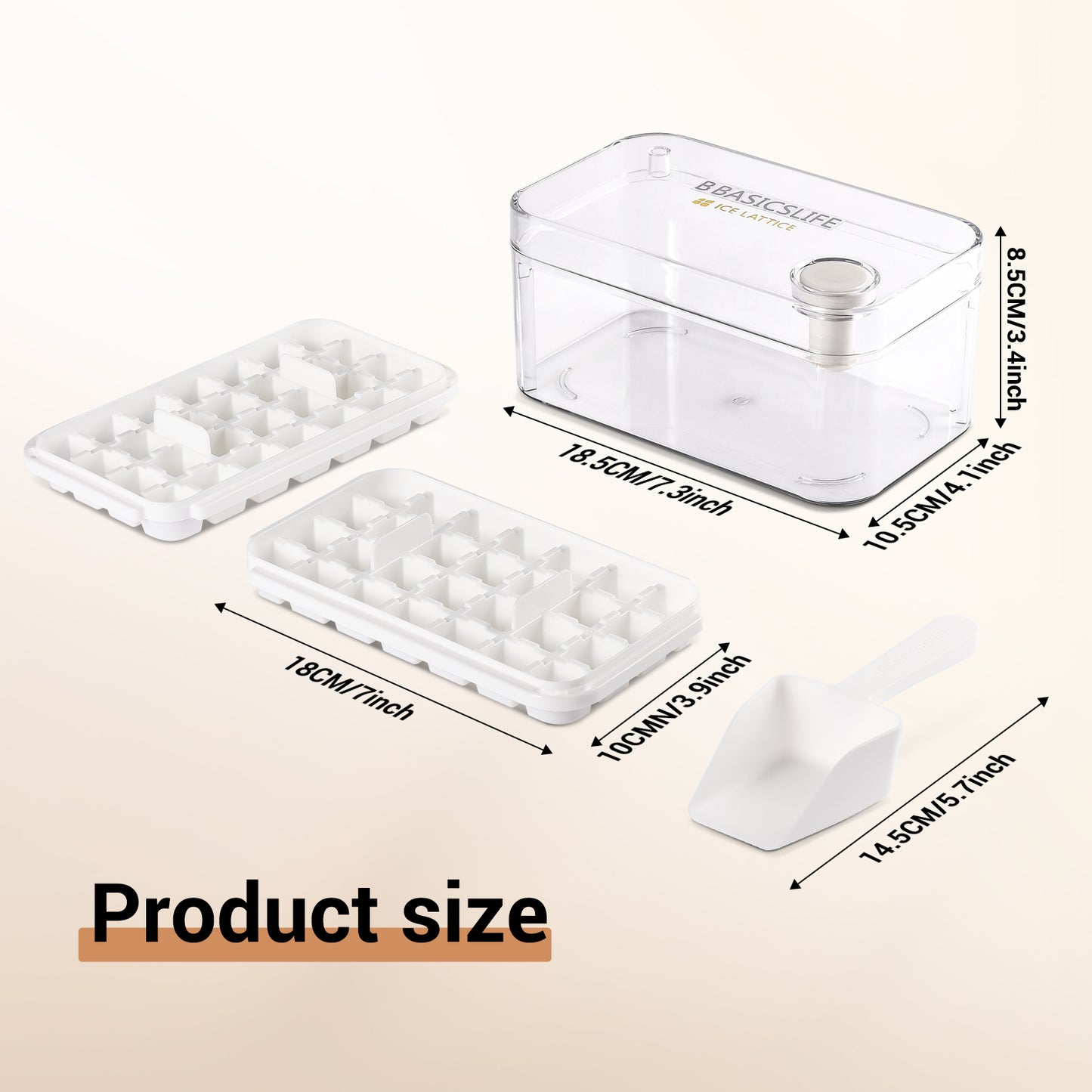 BASICSLIFE Ice Cube Tray with Lid and Bin - Large Ice Tray for Freezer Comes with Ice Container, Scoop and Cover BPA Free Space Saving Ice Cube Molds Perfect for Cocktails, Waterbottles or Whisky