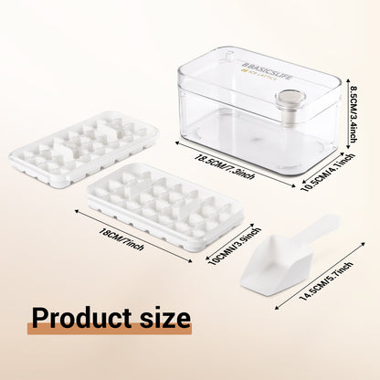 BASICSLIFE Ice Cube Tray with Lid and Bin - Large Ice Tray for Freezer Comes with Ice Container, Scoop and Cover BPA Free Space Saving Ice Cube Molds Perfect for Cocktails, Waterbottles or Whisky