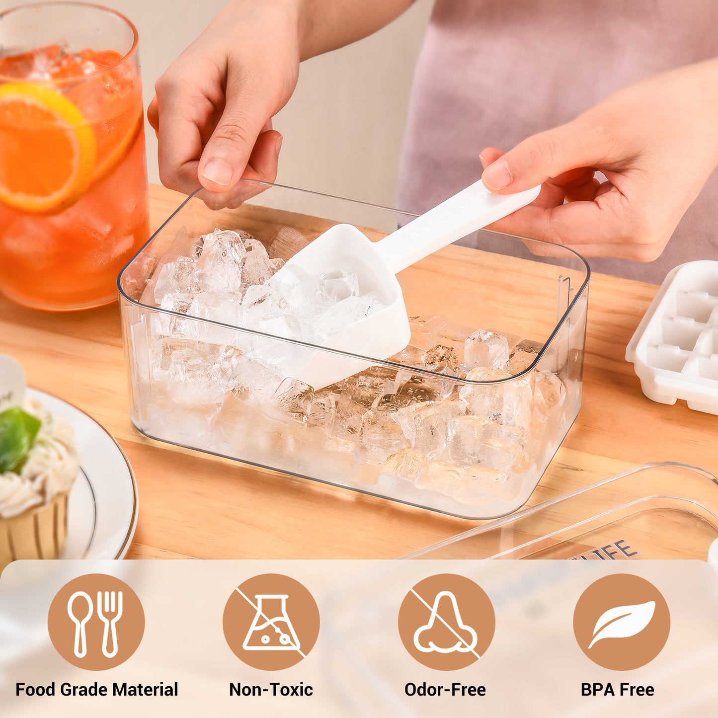 BASICSLIFE Ice Cube Tray with Lid and Bin - Large Ice Tray for Freezer Comes with Ice Container, Scoop and Cover BPA Free Space Saving Ice Cube Molds Perfect for Cocktails, Waterbottles or Whisky