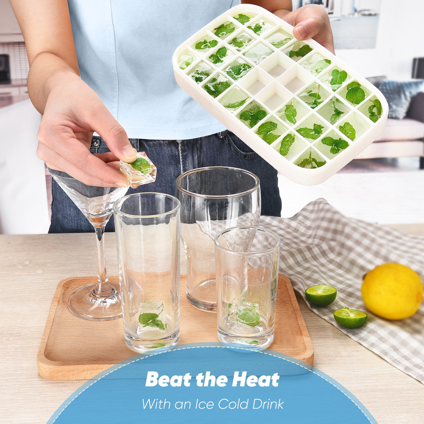 Silicone Ice Cube Tray with Lid and Bin - Large Ice Tray for Freezer Comes with Ice Container, Scoop and Cover BPA Free Space Saving Ice Cube Molds Perfect for Cocktails, Waterbottles or Whisky